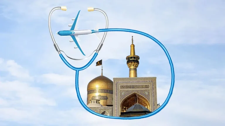 حرم امام رضا همراه با یک گوشی پزشکی و یک هواپیما در حال پرواز
