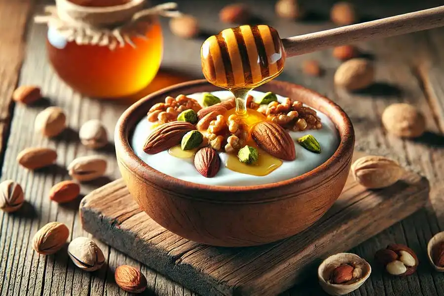 ماست یونانی با مغزیجات و عسل