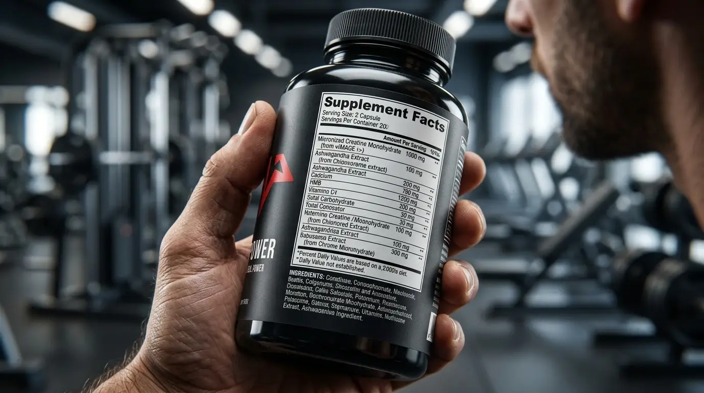 نمای نزدیک از جدول Supplement Facts روی قوطی مشکی مکمل حامدپاور در دست ورزشکار، شامل ترکیباتی نظیر کراتین مونوهیدرات، عصاره آشواگاندا و HMB.